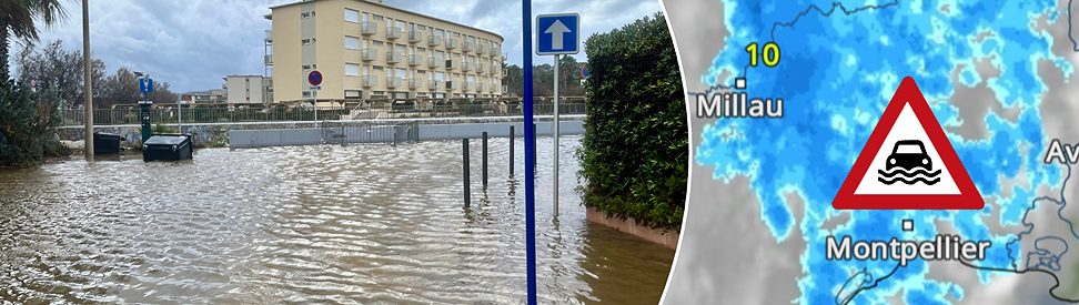 Regenradar über Südfrankreich neben Foto einer überfluteten Straße. Warnschild symbolisiert Hochwasser- und Aquaplaninggefahr. (c) Guillaume Jauseau