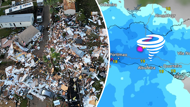 Destruction causée par une tornade à côté d’une carte météo avec des marquages près de Portimão.
