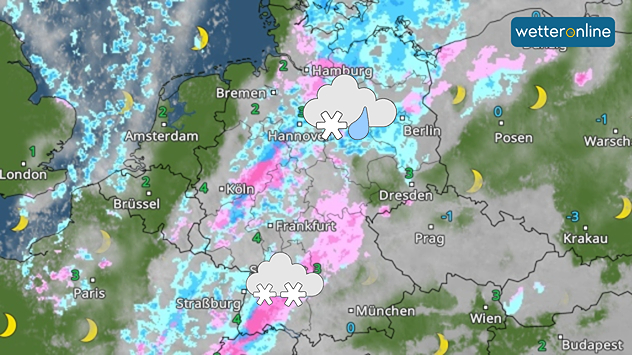 WetterRadar zeigt Schneefall und Regen über Teilen Deutschlands.