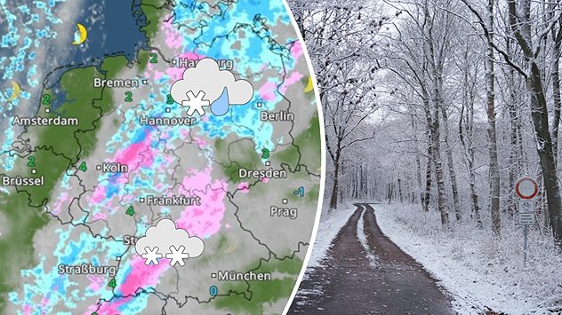 Verschneiter Waldweg mit dünner Schneedecke und Straßenschild, daneben WetterRadar mit Schneefront über Deutschland. (c) Torsten Brehme