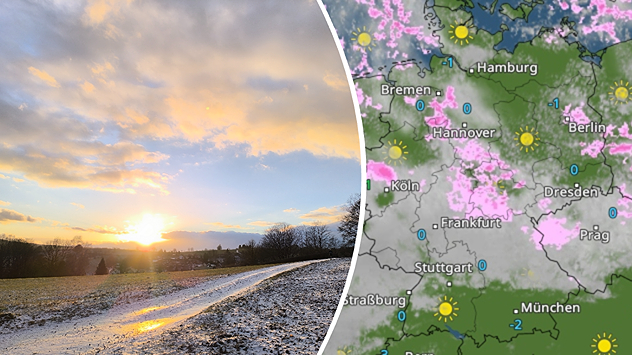 Sonnenaufgang über frostiger Landschaft neben Wetterkarte mit Schnee- und Frostverteilung in Deutschland.