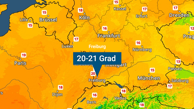 TemperaturRadar mit den Höchstwerten für Donnerstag