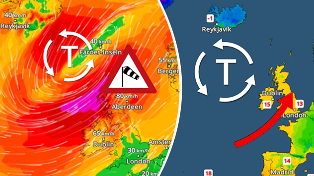 WindRadar показва ураганни пориви в Шотландия и TemperatureRadar с графика, която показва как бурята донася мек въздух.