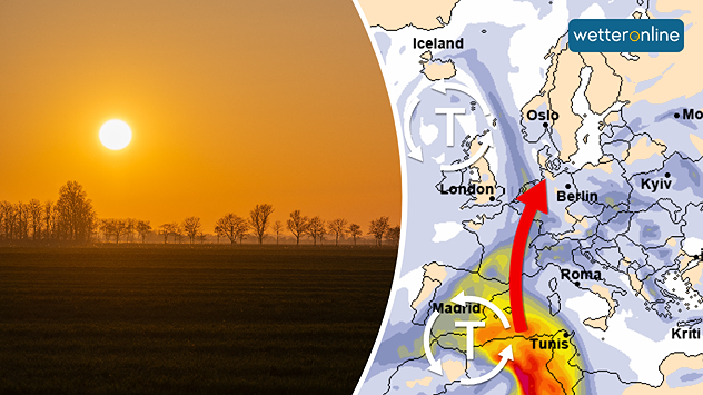 Wetterkarte mit Pfeil für Saharastaub Richtung Europa. Tief über Nordafrika steuert den Transport. Daneben orangefarbener Himmel durch Staub in der Luft.