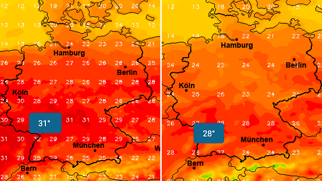 Zwei Temperaturkarten für Deutschland zeigen unterschiedliche Vorhersagen eines Wettermodells. Links werden verbreitet über 30 Grad berechnet, rechts meist 22 bis 28 Grad.