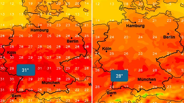 Zwei Temperaturkarten für Deutschland zeigen unterschiedliche Vorhersagen eines Wettermodells. Links werden verbreitet über 30 Grad berechnet, rechts meist 22 bis 28 Grad.