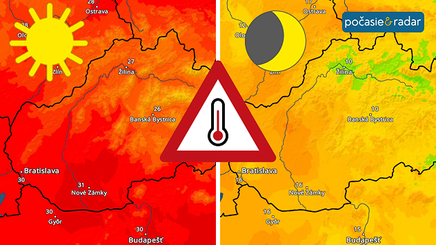 Teplotný radar vľavo počas dňa, vpravo počas noci spolu so symbolmi jasnej oblohy počas dňa i noci. 