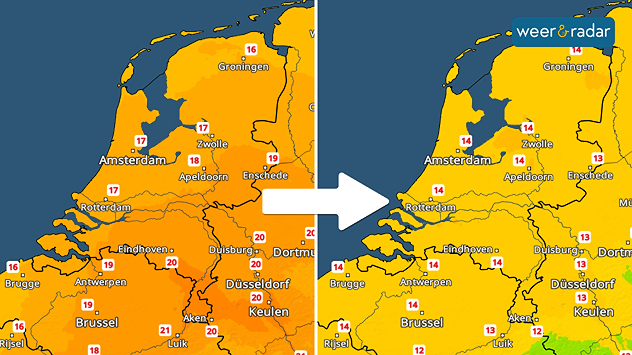 De linkerafbeelding toont temperaturen van 16 tot 21 graden. De rechterafbeelding temperaturen van 12 tot 15 graden.