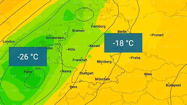 Wetterkarten von Europa und Mitteleuropa mit Temperaturen in 5500 Meter Höhe