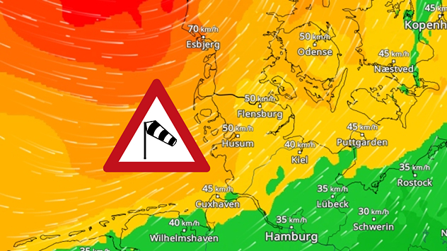 Windkarte mit starken Böen entlang der Nordseeküste. Farbige Windzonen von Grün bis Orange und Sturmwarnsymbol in der Mitte.