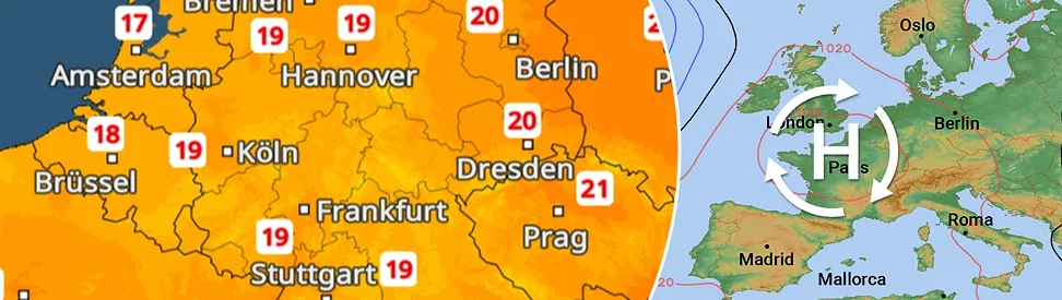 Deutschlandkarte mit Temperaturen um 20 Grad und Thermometer-Symbol für die Erwärmung Richtung Pfingsten.