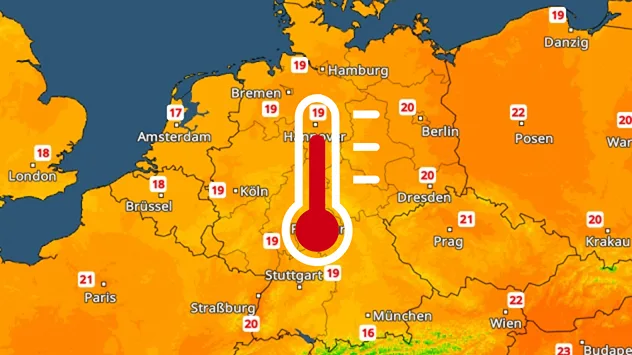 Deutschlandkarte mit Temperaturen um 20 Grad und Thermometer-Symbol für die Erwärmung Richtung Pfingsten.