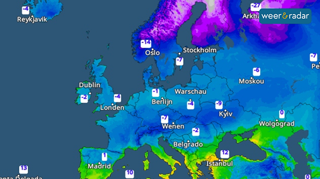 De TemperatuurRadar van Europa toont op grote schaal temperaturen onder het vriespunt.