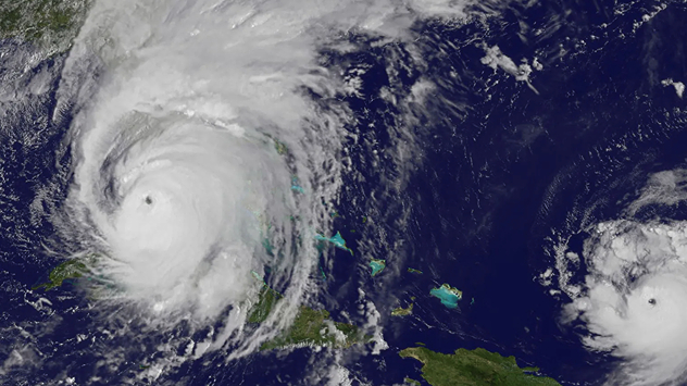Hurricane Irma covers the entiret of Florida with Hurricane Maria coming up behind it.