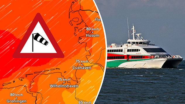 WindRadar zeigt Sturm und Foto des Katamaran Halunder Jet, der Helgoland mit Hamburg verbindet
