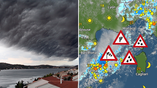 On the left, dark storm clouds over a coastline. On the right, a weather map shows thunderstorms over the western Mediterranean, with warning symbols for tornadoes, storms and hail.