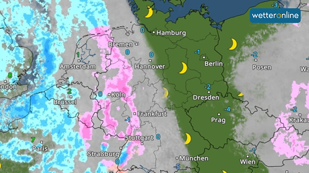 Wetterkarte mit Schneefront über Westdeutschland und klarer Kälte im Osten.