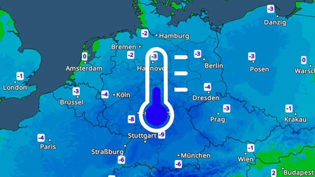 Wetterkarte mit Frosttemperaturen in Deutschland, besonders kalt im Süden bis -9 Grad.