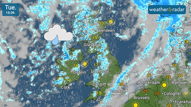 Weather map for Tuesday 15.09 showing scattered showers across the UK and Ireland, with temperatures from 15°C in Glasgow to 20°C near London.