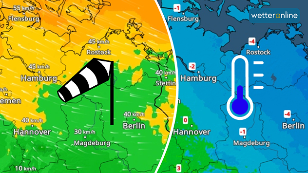Links: WindRadar mit Böen von 40 bis 55 km/h aus Osten; Rechts: Heutige Temperaturmaxima vom minus 1 Grad in Flensburg bis minus 4 Grad in Berlin.