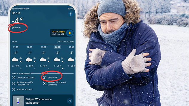 Gefühlte Temperatur in der WetterOnline App, im Hintergrund ein frierender Mann mit Schal, Mütze und Handschuhen
