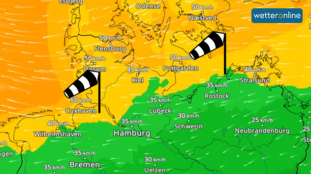 Die Wetterkarte zeigt einen mäßigen bis starken Ostwind im Norden Deutschlands.