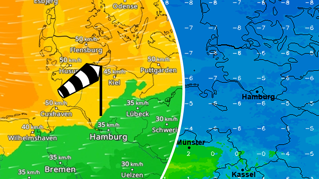 Links zeigt eine Wetterkarte starken Wind in Norddeutschland, rechts sind niedrige Temperaturen zu sehen.