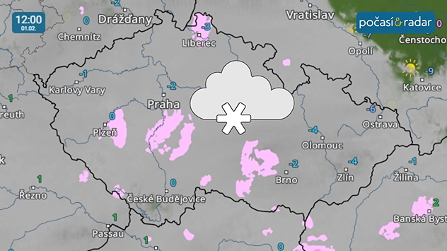 Meteoradar, screenshot, 1. 2. 12:00: První únorový den do Česka přinese velkou oblačnost s ojedinělým sněžením nebo mrznoucím mrholením a maximálními teplotami převážně pod bodem mrazu.