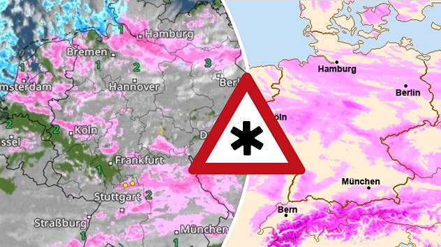 Geteilte Wettergrafik mit Schnee- und Niederschlagszonen über Deutschland. Warnsymbol in der Mitte signalisiert winterliche Gefahrenlage.