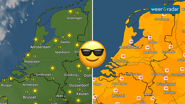 De WeerRadar links toont een helder en zonnig Nederland. De TemperatuurRadar rechts toont hoge temperaturen van 16 tot 20 graden.