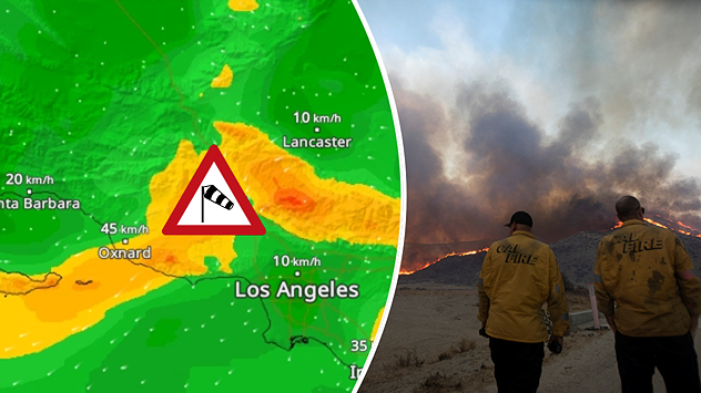 Santa-Ana-Winde fachen in Kalifornien neue Feuer an. Feuerwehrmänner bei Santa Clarita