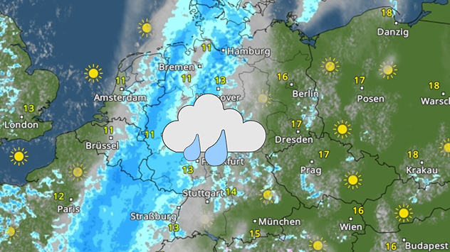 Wetterkarte von Mitteleuropa mit Regenband über Westdeutschland. Im Osten sonniger und deutlich trockener.