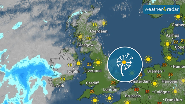 Satellite weather map of the UK and western Europe showing sunny conditions across much of Britain, a rain band approaching Ireland from the Atlantic, and a pollen icon indicating airborne pollen levels during warm weather.
