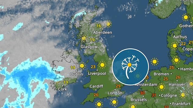Satellite weather map of the UK and western Europe showing sunny conditions across much of Britain, a rain band approaching Ireland from the Atlantic, and a pollen icon indicating airbourne pollen levels during warm weather.