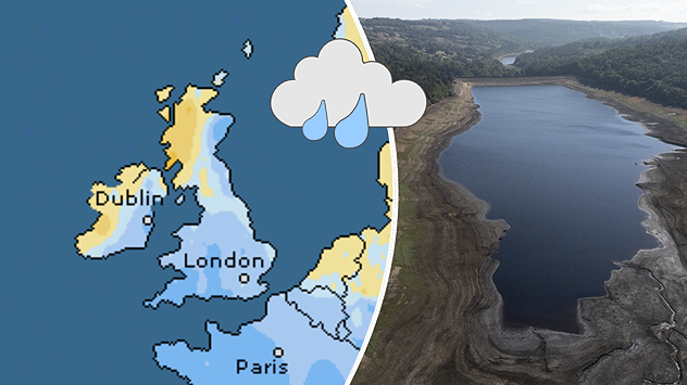 Split image showing a rainfall anomaly map with wetter-than-average conditions over the UK on the left, and a reservoir with very low water levels and exposed banks on the right.