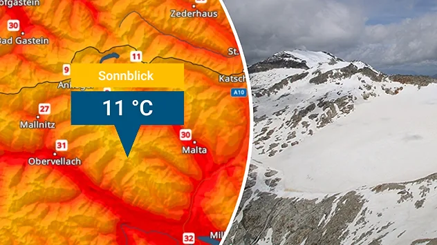 Links: Eine Temperaturkarte von den Hohen Tauern zeigt auf dem Sonnblick 11 Grad an. Rechts: Ein schneebedeckter Gletscher.