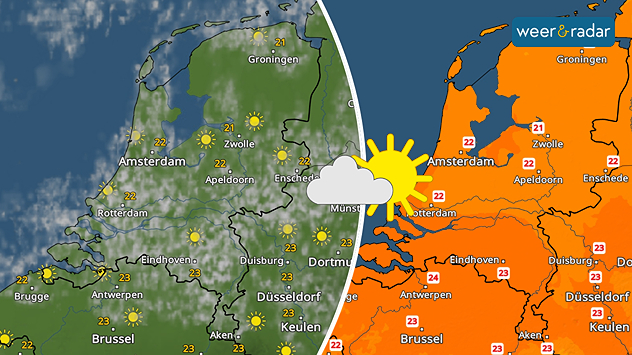 Links een afbeelding van de WeerRadar met daarop zon en wolken zichtbaar. Rechts een afbeelding van de TemperatuurRadar. Die toont 21 tot 24 graden. 
