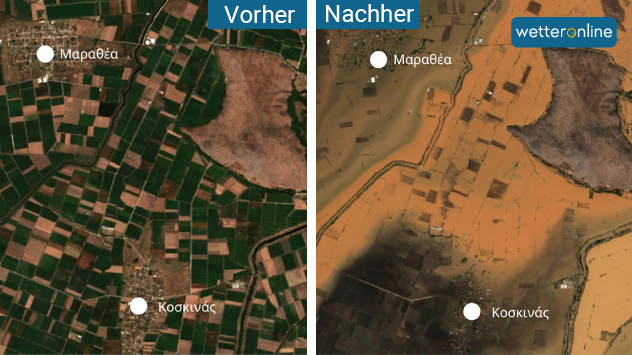 Anhand von Satellitenbildern lässt sich erahnen, wie heftig das Hochwasser in Griechenland ist. 