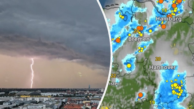 20240724_teaser-unwetterbilanz-neu - © Bild links: Carolin Schwab Blitze am Abendhimmel - WetterRadar vom Dienstag zeigt viele Blitze