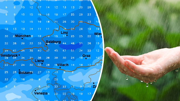 Links eine Wetterkarte, die die Regenmengen zeigt. Rechts eine Hand im Regen.