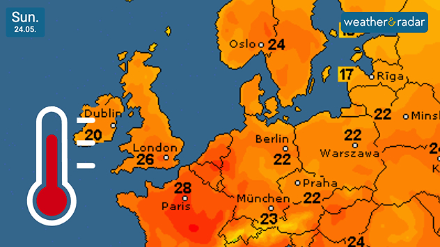 Temperature map of Europe on Sunday 24.05 showing widespread warm orange and red conditions, with temperatures reaching 28°C near Paris and 26°C in London alongside a thermometer icon.