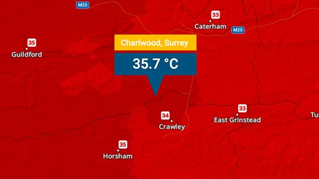 Heat map of southeast England on 24.06 showing extreme temperatures across Surrey and surrounding areas, with Charlwood highlighted at 35.7°C amid deep red heat zones and nearby locations such as Crawley, Horsham, and East Grinstead reaching 34–35°C.
