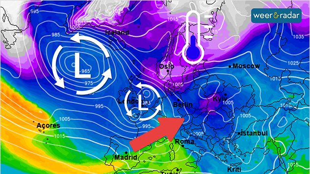 De Europese weerkaart voor begin volgende week toont lagedrukgebieden in de buurt met zachtere lucht, de kou bljft echter nog dichtbij op de loer.