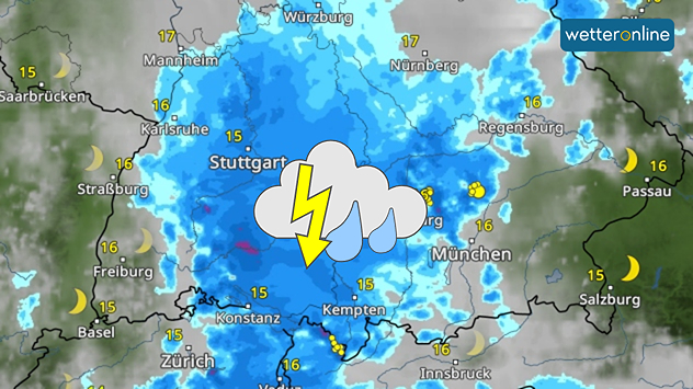 WetterRadar für den Süden Deutschlands für Montagnacht