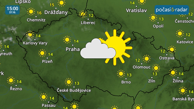 Meteoradar, screenshot, 27. října 15:00: Úterý bude v Česku slunečné, odpolední teploty dosáhnou většinou 10 až 15 °C.