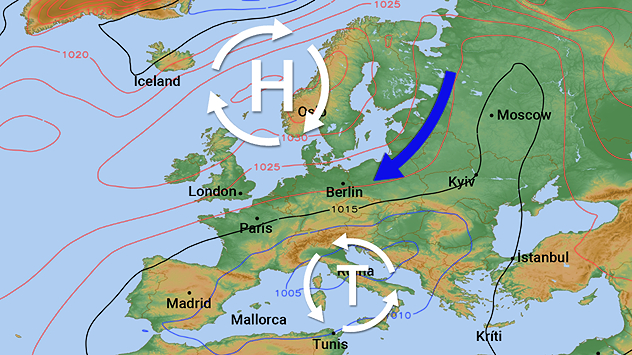 Wetterkarte Europas mit Hoch- und Tiefdruckgebieten sowie Kaltluftpfeil nach Mitteleuropa. Drucklinien und Strömungsrichtung sind markiert.