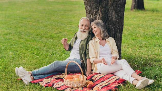 Älteres Paar picknickt in einem Park