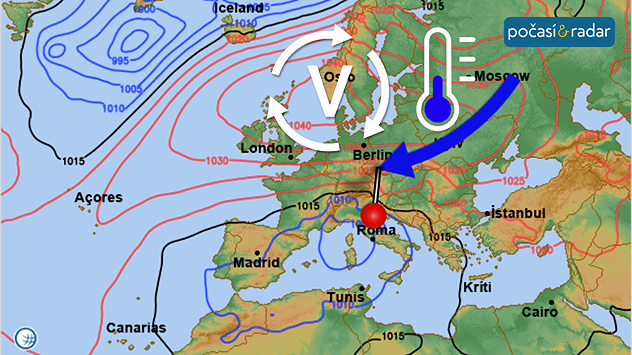 Stav synoptické situace nad Evropou, středa 24. 12. Do Česka proudí studený vzduch od východu až severovýchodu kolem tlakové výše se středem nad jižní Skandinávií.