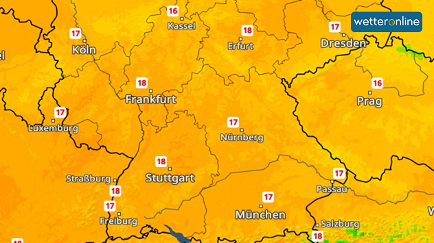 Temperaturkarte mit Werten um 17 bis 18 Grad in Süd- und Mitteldeutschland.
