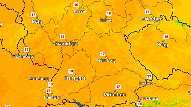 Temperaturkarte mit Werten um 17 bis 18 Grad in Süd- und Mitteldeutschland.